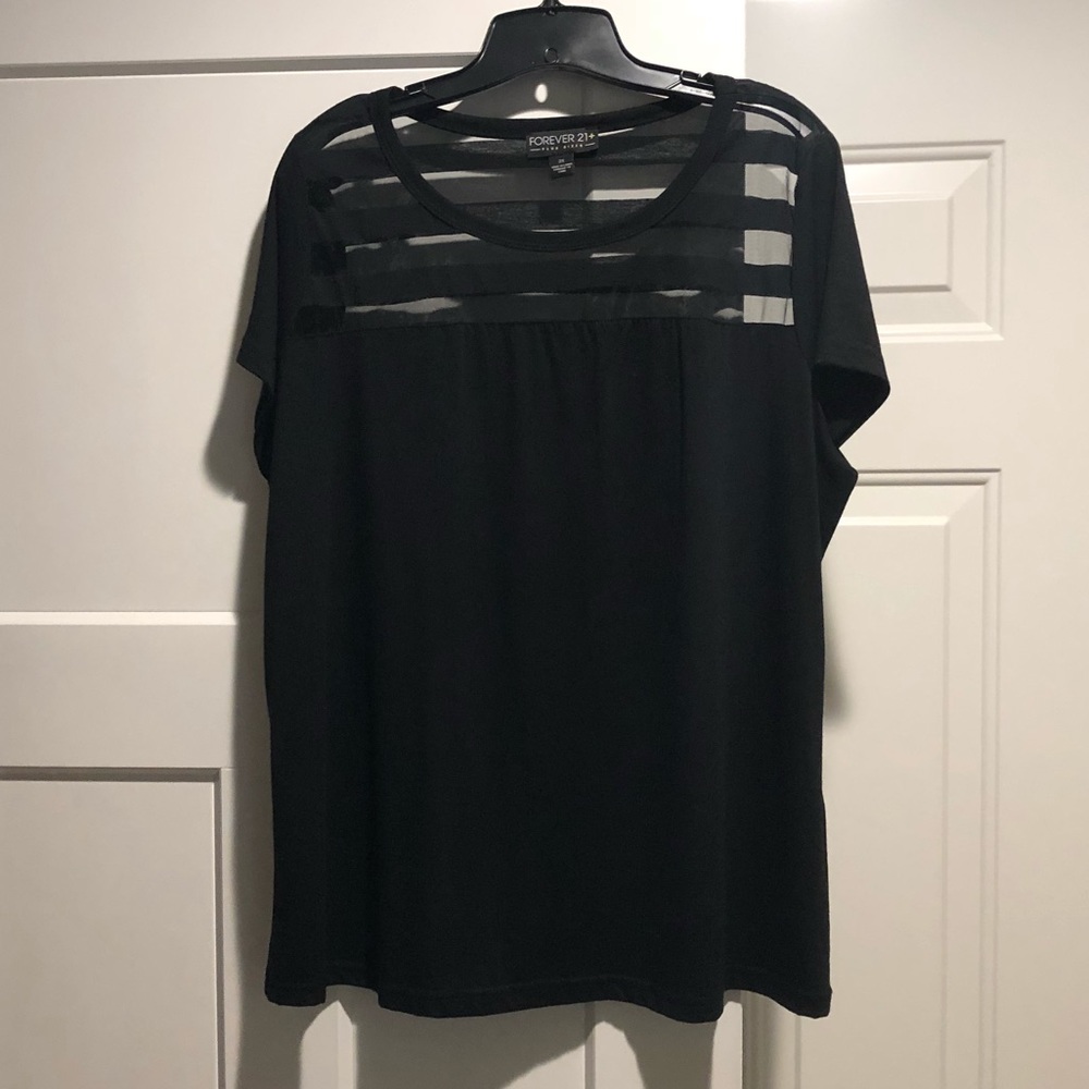 Black Short-Sleeved Striped Mesh Top- Forever 21-